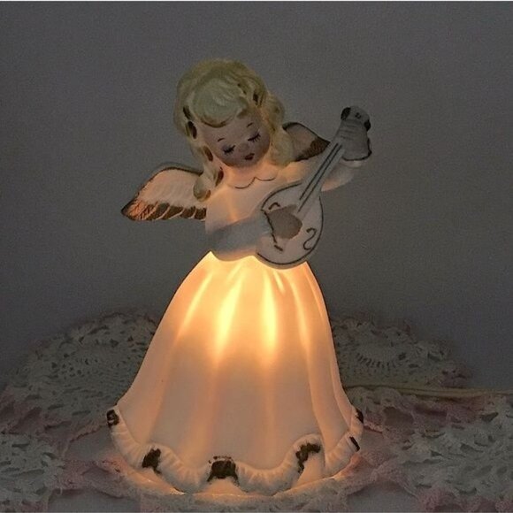 Vintage Porcelain Bisque Angel Night Light Lamp Pink 7 in - Picture 3 of 15